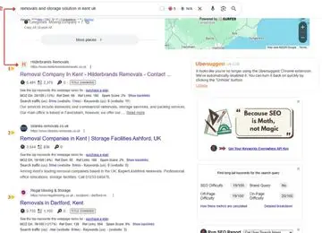 SEO ranking results for a removals and storage company in Kent, UK