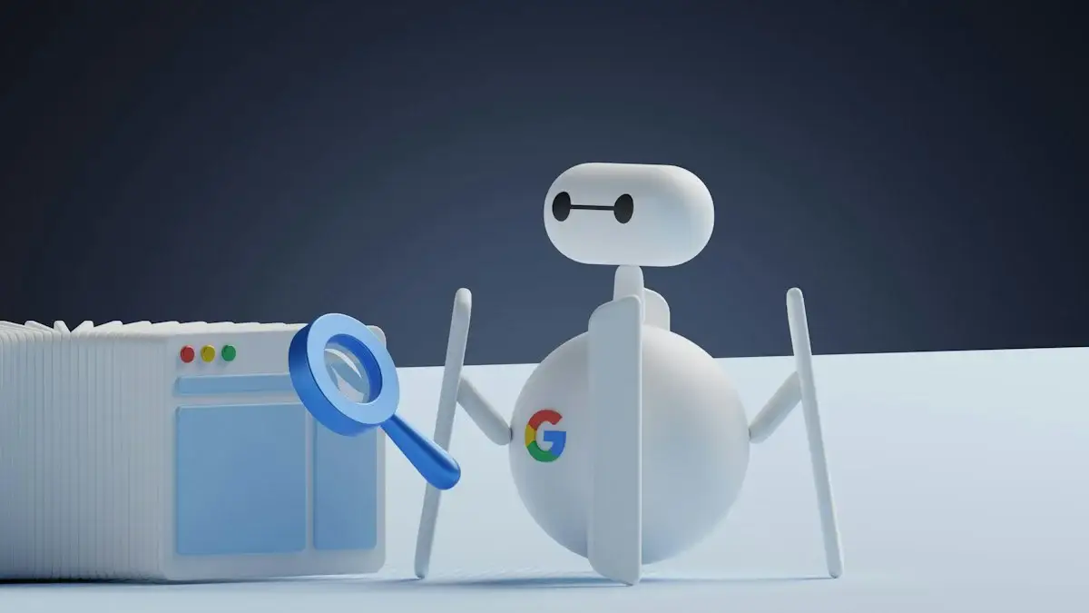 Robot holding a magnifying glass, representing AI search